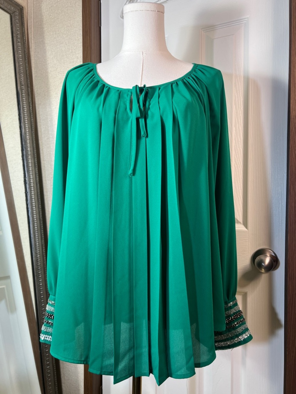 Alfani Green Pleated Long Sleeve Blouse with Embellished Cuffs